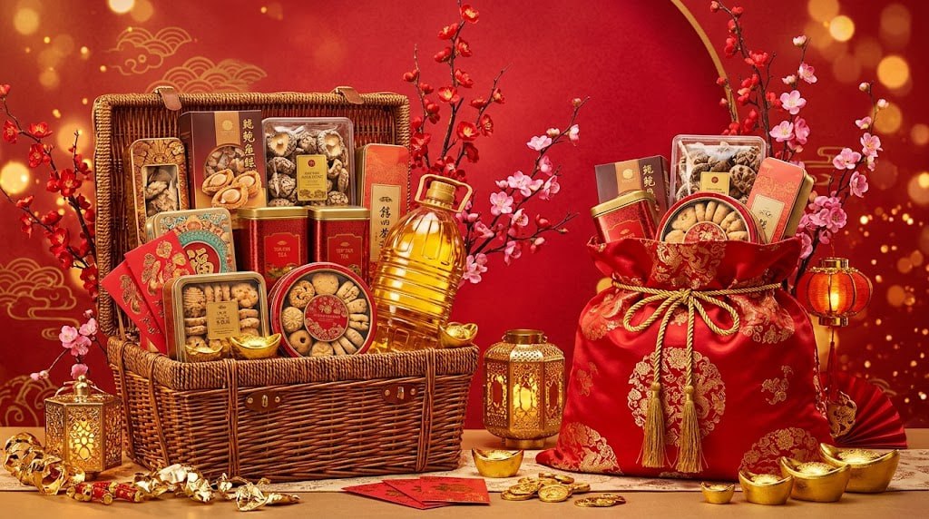 賀年禮籃、全盒與花雕酒的新年禮品擺設
